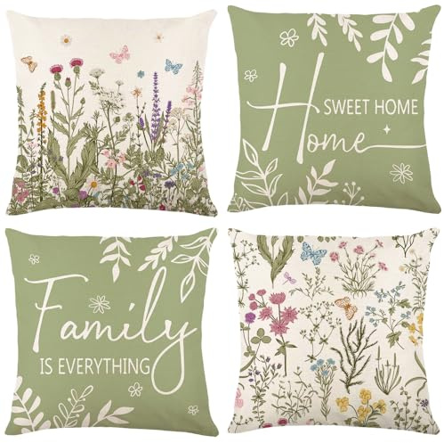 Yuubin Spring Summer Pillow Covers 18x18 Set of 4,Sage Green Wild Plant Floral Throw Pillows Case Outdoor Farmhouse Couch Home Sofa Bed Linen Pillow Decorations