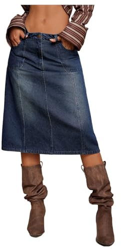 GORGLITTER Summer Denim Skirts for Women UK Low Waist A Line Flared Midi Jean Skirt with Pocket Concert Outfits Dark Blue Medium