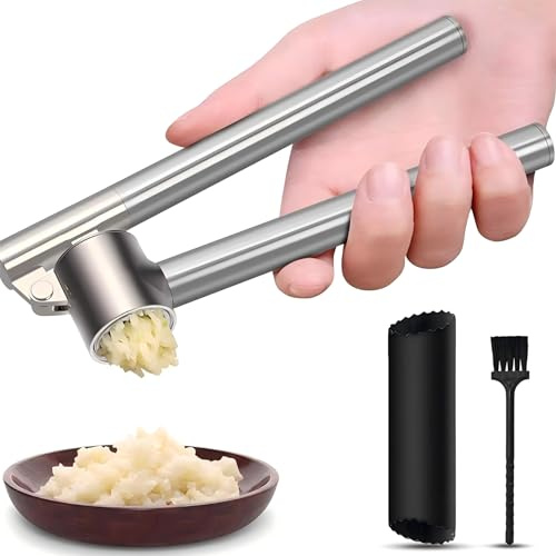 Chimley Garlic Press, Detachable Garlic Crusher Stainless Steel. | Garlic mincer,Easy Cleaning with Brush and garlic peeler,Duty Garlic Mincer Rust Proof Kitchen Gadgets.