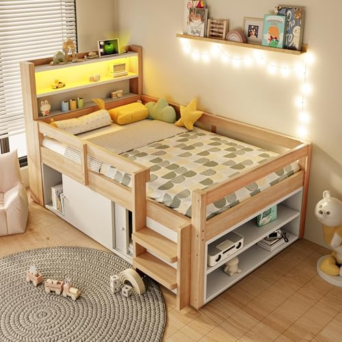 Xwiny Halbhohes Bett 90x200 cm mit LED-Beleuchtung und USB Ladefunktion, Kinderbett mit Staufächern und Offene Regale, Holzbett mit Schiebetüren, Kopfteil mit Stauraum, Holzfarbe-A(Ohne Matratze)