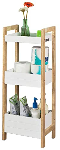 SoBuy Badezimmerschrank mit 3 stabilen Regalen Badschrank schmal aus MDF, Kommode Badezimmermöbel bis 30kg Tragkraft, Badregal stehend in Weiß für kleine Bäder 28x20x74cm FRG226-WN