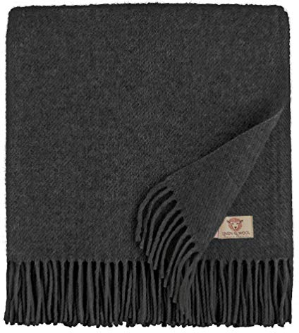 Linen & Cotton Weiche Warme Decke Wolldecke Wohndecke Kuscheldecke Columbus - 100% Reine Neuseeland Wolle, Anthrazit/Grau (140 x 200 cm), Sofadecke/Tagesdecke/Überwurf/Blanket/Plaid Schurwolle