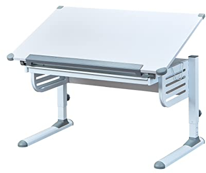 Inter Link – Höhenverstellbarer Schreibtisch – Kinderschreibtisch – Schülerschreibtisch – Schublade mit Push Funktion – Neigbare Arbeitsplatte – Schultaschen Ablage - Aus Metall Grau / Weiß – Skalare