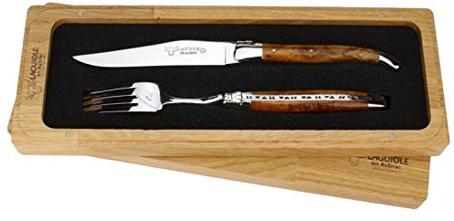 en Aubrac - 1 Laguiole Steakmesser und 1 Gabel Besteck-Set - Griff Teak-Maserholz - Original Frankreich mit Zertifikat