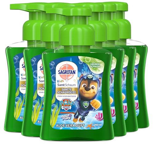 Sagrotan Kids sammetsskumtvål Aloe Vera – Paw Patrol Edition – 6 x 250 ml skumtvål med färgat skum i tvåldispensern