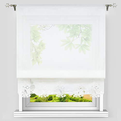 Heichkell Voile Weiße Raffgardine Bestickt Transparentes Raffrollo mit Tunnelzug Klassischer Vorhangschal Küche Gardine Blumenstickerei Borte BreitexHöhe 120x155cm