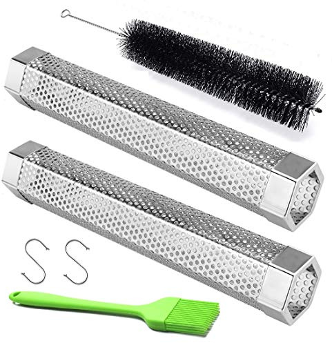 LFSEMINI Pellet Smoker Tube, 2 Pack 12'' Stainless Steel BBQ Wood Pellet Tube Smoker with 2 Hooks and 2 Brushes for Cold/Hot Smoking