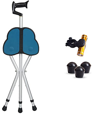 HYHMJ-Tripode A Base Larga Pieghevole Sedia Stampelle Con Torcia Elettrica A LED E Di Grandi Dimensioni Piastra Di Supporto Sedile in Bastone Combo Estensibile Bastoni Da Trekking,Blu