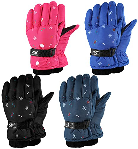Hicarer 4 Pairs Winter Gloves for Kids Waterproof Snow Ski Gloves Girls Boys Warm Unisex Youth Clothes for Cold Weather(Dark Blue, Pink, Black, Blue,4-8 Years Old)