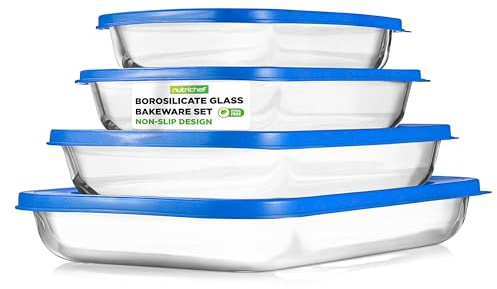 NutriChef Glass Baking Dish with lids, Set of 4 Rectangular Oven Proof Casserole – Premium Bakeware Roasting Tray, Food Storage Pan, Freezer Safe, Dishwasher Safe & oven safe, Stackable