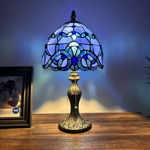 enjoy decor lamps Stained Glass Mini Table Lamp Blue Baroque Style LED Bulb Included for Living Room Bedroom Bedside 8 W*8 D*15 H