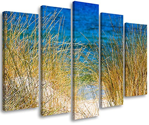 Feeby Bild auf Leinwand 150x100 cm Wellen Himmel Strand Meer 5-teilig modern Druckbild Wandbild Wanddekoration Aesthetic Sand Gras Dünen mehrfarbig