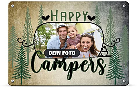 Camping Blech-Schild selbst gestalten - Happy Campers - Metall-Poster mit Foto - Geschenk für Camper, Camping-Zubehör - Schild A4 I Personalisiertes Geschenk