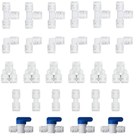 HUAZIZ 28 Stück Universal Anschluss-Set Adapter Fitting Verbindungsstück,RO Wasserfilter Fitting,für 1/4 Zoll (6mm) Schlauch, Kühlschrankschlauch, Wasserschlauch (Y + T + I + L Typ + Absperrventil)