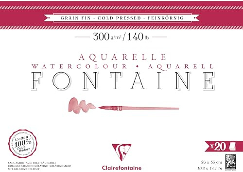 Clairefontaine 975501C Bloc Encollé 4 Côtés Fontaine - 20 Feuilles Papier Aquarelle Blanc 100% Coton Grain Fin Qualité Professionnelle 26x36 cm 300g