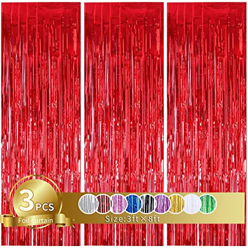 3Pcs Red Metallic Tinsel Foil Fringe Curtains,3.28ft x 8.20ft Red Photo Booth Backdrop Streamer Curtain,Photo Booth Props,Ideal Bachelorette Party Supplies,Birthday, Christmas,New Year Decorations