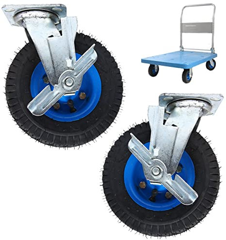 WORDFUN Transportwagen Gummiräder 2 Stück, Doppeltes Kugellager Plattformwagen Luft Bockrolle, Geräuschlose Schwerlast Lenkrolle Mit Bremse, Mobile Geräuschlose Stoßdämpfung, Mit Armaturen