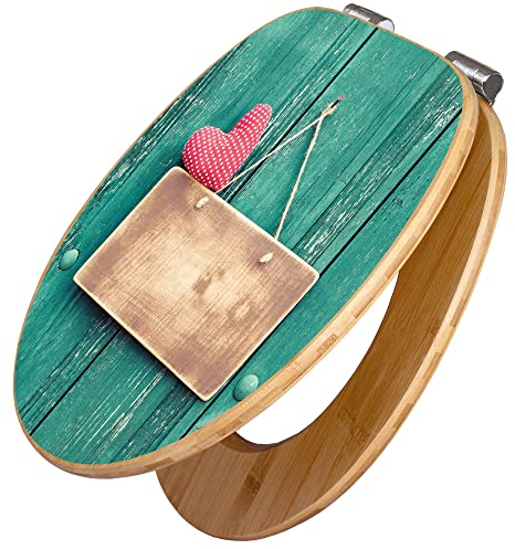 banjado Design WC Sitz Bambus Absenkautomatik 45,8x37,5cm / Toilettendeckel mit Absenkautomatik Holz/hochwertiger Bambus Klodeckel/WC-Sitz für gängigen Toiletten/Motiv Tür mit Herz