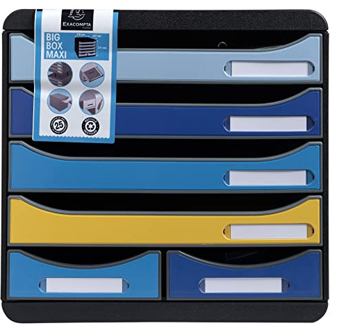 Exacompta 3124202D Ablagebox BeeBlue aus Recycling-Kunststoff mit 4 Schubladen für DIN A+ Dokumente und 2 Schubladen für Utensilien. Belastbare Schubladenbox für mehr Platz. Blauer Engel Big Box Maxi