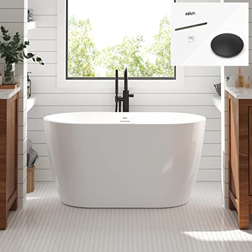 FerdY 47 Bali Acrylic Freestanding Bathtub, Gracefully Shaped Freestanding Soaking Bathtub, cUPC Certified, Toe-Tap Matte Black Drain and Minimalist Linear Design Overflow Included