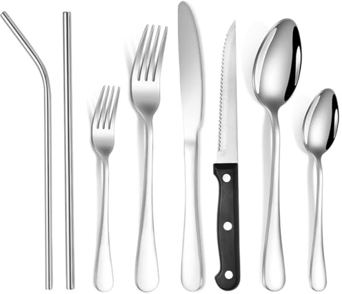 Cutlery Set with Steak Knives,34 Piece Cutlery Set for 4,Stainless Steel Flatware Silverware Sets with Spoon,Knife,Fork,Steak Knives,Stainless Steel Straws Set with Cleaning Brush for Home/Restaurant