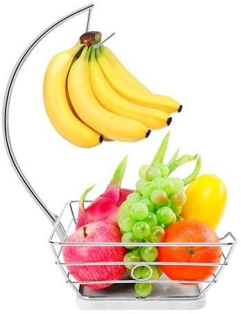 Livabber Countertop Fruit Basket Bowl with Banana Hanger, Modern Standing Fruit Vegetable Bowl Storage, with Banana Tree Holder for Kitchen Dinning Table (Square Marble, Chrome)