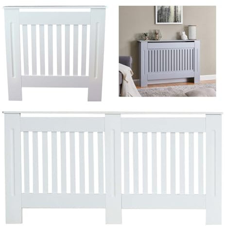 AUTOFU Large Radiator Cover, White Painted Radiator Cover, Vertical Slatted Grill Radiator Shelf, MDF Cabinet Wood Top Shelf, Radiator Heating Covers, H 82 x W 152 x D 19 Cm