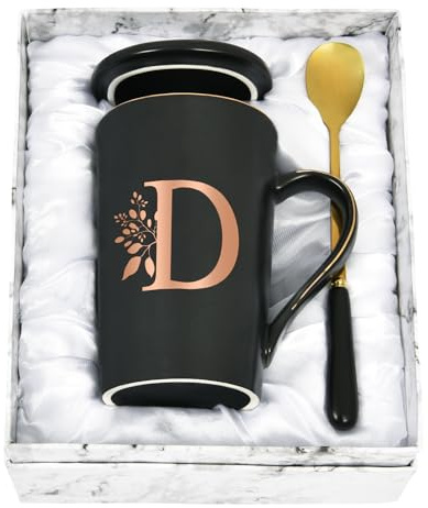 Joymaking Taza personalizada con letras, taza de café con motivo floral, inicial de nombre, regalos personales, taza de café para mujeres y amigas, D - 400ml Negro