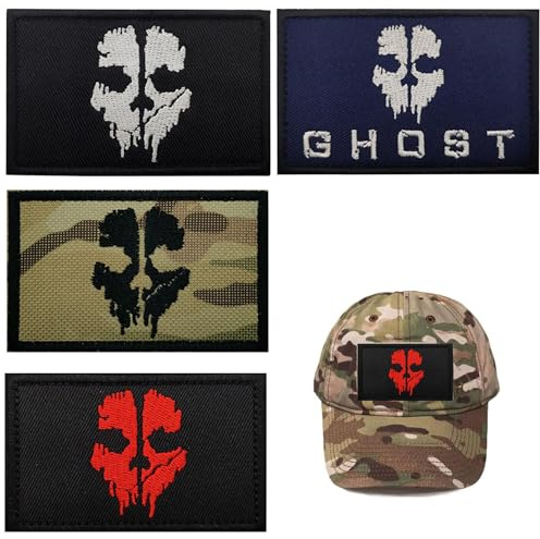 4 Stück Militär-Patch mit Haken und Schnalle Call of Duty Ghost Mask Bestickter Stoffaufnäher für Rucksäcke, Aufkleber für taktische Kleidung, Abzeichen, Riemen