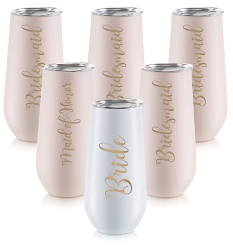 NUPTIO Champagne Flute Bridal Shower: Set of 6 Wedding Gift Stemless Tumbler Bride Bridesmaid Maid of Honor Party Prosecco Flutes Stainless with Lids Pink Gold Embossed