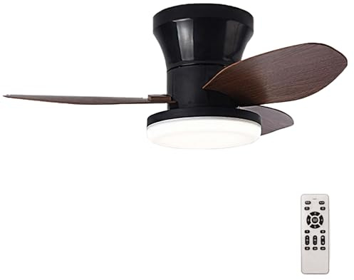 Ceiling Fans with Lights and Remote Control LED Silent Fan Light Dimmable Reversible Modern Light Fan Ceiling Smart Indoor 3 Blades Flush Mount for Bedroom, Living Room, Lounge, Black Wood||65cm