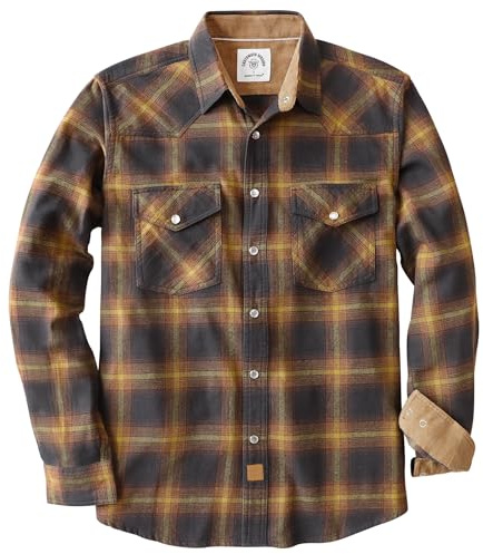 Dubinik® 6 oz Camisa Franela Hombre Western Vaquero Cuadros Camisas Manga Larga Camisa con Botones De Perlas Regular Fit Amarillo Claro Y Marrón Oscuro M
