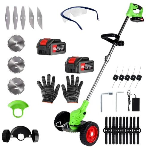 Electric Weed Wacker Cordless Eater 2 Battery, Foldable and Lightweight Grass Trimmer/Brush Cutter,5 Types Blade&Wheels 21V 4.0Ah Battery (2 Pieces) Powered for Garden and Yard (Non-Foldable)