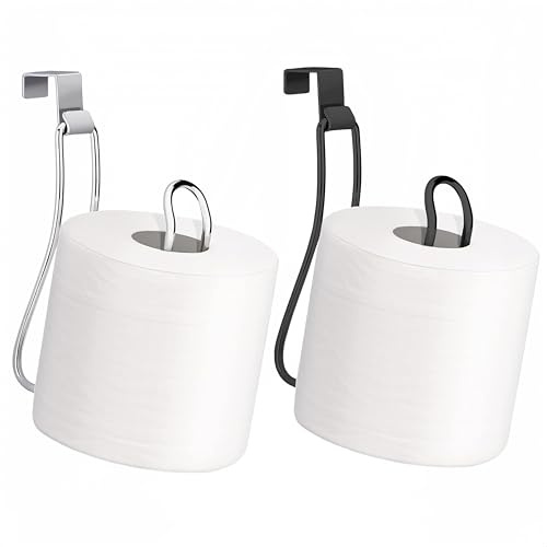 JWlock Stainless Steel Toilet Paper Holder (2-Pack), Over The Tank & Wall Mounted, Space-Saving Tissue Roll Holder, Rust-Resistant, for Bathroom, RV, Camper, Compact Vertical Design – Silver & Black