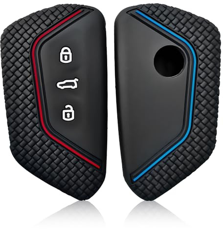 2 PCS Autoschlüssel Hülle Auto Schlüssel 3 Tasten, kompatibel mit Golf 8, e-Golf, ID3, ID4, GTI, SEAT Leon, Skoda Octavia, Cupra Formentor, Schwarz-Rot und Schwarz-Blau, Silikon TPU Schlüsselcover