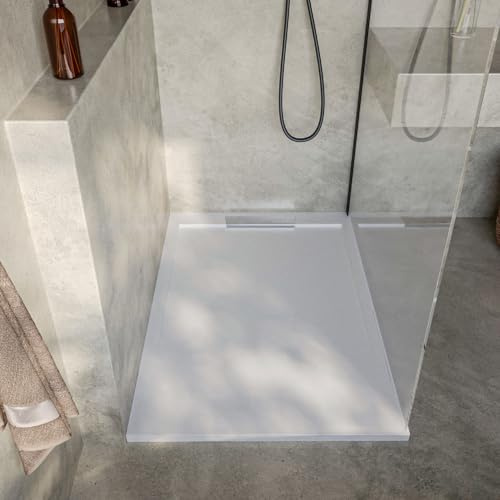 SoulHome Plato de Ducha Resina BLANCO 180x90 Diseño Elegante | Antideslizante C3, Extraplano, Resina y carga mineral, Textura Liso Piedra, Antibacteriano, Gel-coat, Incluye válvula desagüe