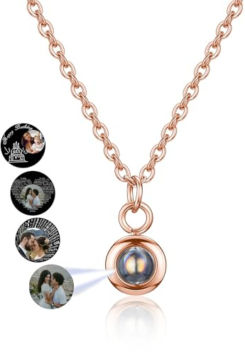 Jovivi Personalisierte Halskette Bild Projektion Kette im Stein mit Foto 100 Sprachen Ich Liebe Dich Projektion Anhänger Schmuck Geschenk für Mutter und Tochter Oma Frau Feste Freundin (Rotgold)