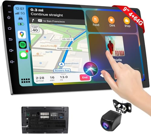 Haudio Autoradio sans Fil Double DIN avec CarPlay et Android Auto sans Fil, écran CarPlay, Commande vocale, caméra de recul, Bluetooth, Navigation, Mirror Link (9 Pouces)