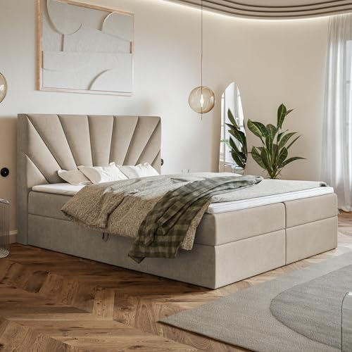 MOTIVENA Aspen Boxspringbett 180x200 mit Bettkasten und Topper, Polsterbett 180x200 mit Bettkasten, Taschenfederkern-Matratze (H3), T28 Komfortschaumstoff Topper (H3), Samt, Beige