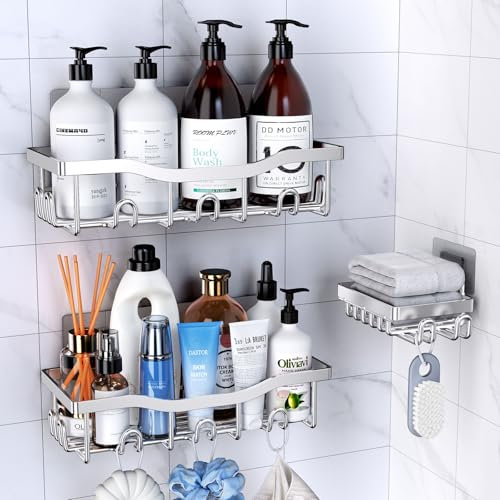 PKPD Acciaio Inossidabile Antiruggine Mensola Doccia senza Foratura 3 Pezzi, Accessori Bagno senza Forare, Autoadesivo Mensole Bagno Organizzatore, Argento