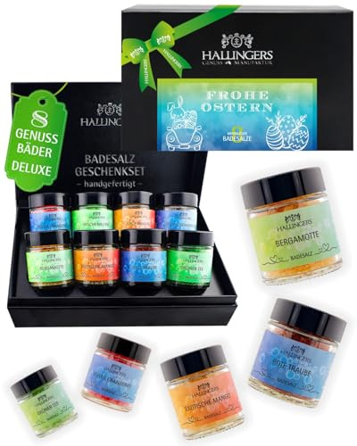 Hallingers Genuss Manufaktur Badesalze Oster-Geschenk-Set - 8x Badezusatz mit Totes Meer Badesalz edle Geschenkbox, Badekristalle Fußbad & Spa Frohe Ostern - ..., Ostern Körbchen für Frauen Männer
