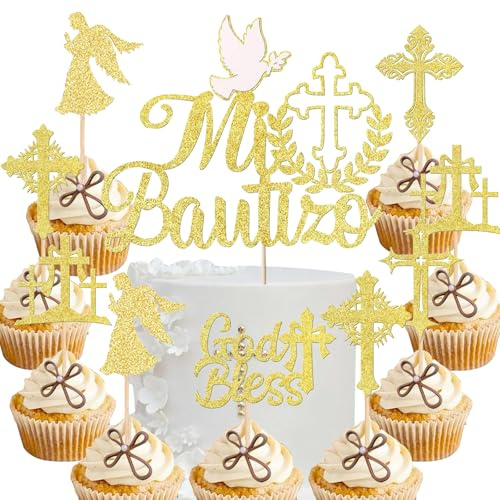 YUEcthynous Topper de tarta para primera comunión, 13 piezas de decoración de tarta para primera comunión, paloma y cruz, Espíritu Santo, para tarta DIY, decoración para bautizo de bebé con brillo