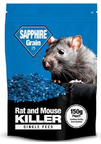 Sapphire Grain 25 Rat & Mouse Killer – Single Feed Poison Grain Bait with Brodifacoum 0.0025% – Fast-Acting Ready-to-Use Rodent Control for Indoor & Outdoor Use – 150g Resealable Pouch (5)