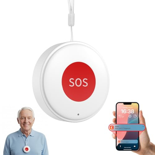 Daytech Tuya WiFi Rechargeable SOS Call Button Personal Alarms For Elderly Panic Button Alert/Alarm Bell For Elderly/Patient,Linked to Phone No Distance Limit,Supports 2.4GHz Wi-Fi,NO FEES