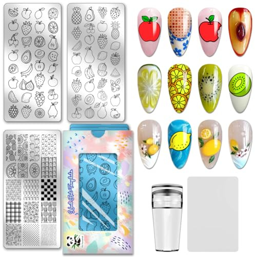 PH PandaHall 82 Patterns Fruit Nail Stamping Plates 3pcs Lemon Apple Pear Nail Art Stencils Pinnapple Grape Nails Art Templates Stawberry Orange Manicure Design Stencil for Women Manicures Salon Print