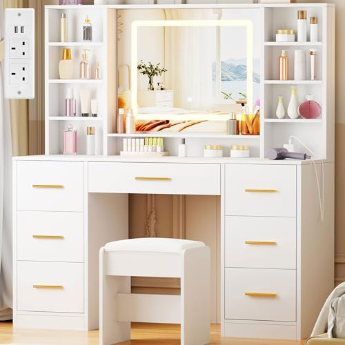 ANWBROAD Dressing Table with Stool Vanity Desk with Power Outlet, White