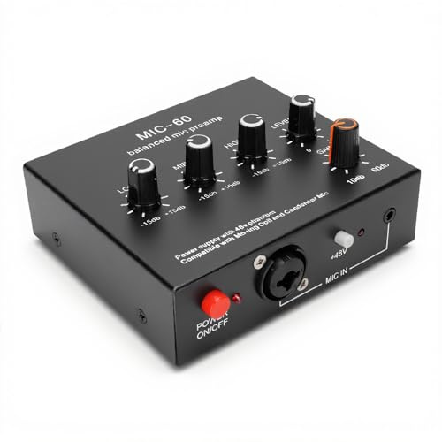 ASHATA Kondensator, Dynamischer Mikrofon-Vorverstärker, 48 V Netzteil, XLR 3,5 Mm, 6,35 Mm Eingänge, Ausgänge, Schwarzes Metallgehäuse für SM7B 55SH, Aluminiumlegierung, Schwarz (Mit