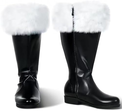 Generisch Weihnachtsmann Kostüm Herren -Weihnachtsmann Stiefel,Stiefel Mit Weißen Plüschmanschetten-Nikolaus Kostüm,Weihnachten Nikolausstiefel Warm Winterstiefel Santa Combat Boots 47