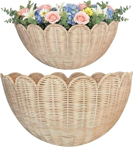 Wandkorb Geflochten Rattan Wand Hängekorb Geflochtener Boho Hängend Wandkörbe Blumenkorb Aufbewahrungskorb Deko Korb Storage Basket für Wohnzimmer Küchen Kinderzimmer Bad Schlafzimmer Flur (K+G/2PC)