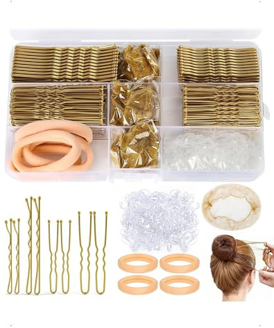 KONFEN 385 pezzi Forcine per capelli da donna Forcine in metallo, 5/6/7 cm U per chignon a rete Chouchou Accessori per capelli, elastici trasparenti, scatola portaoggetti, dorato